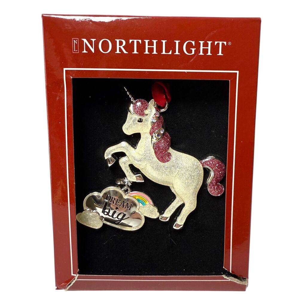 Unicorn Christmas Ornament “Dream Big” Metal Pink Glitter Mane Northlight NEW